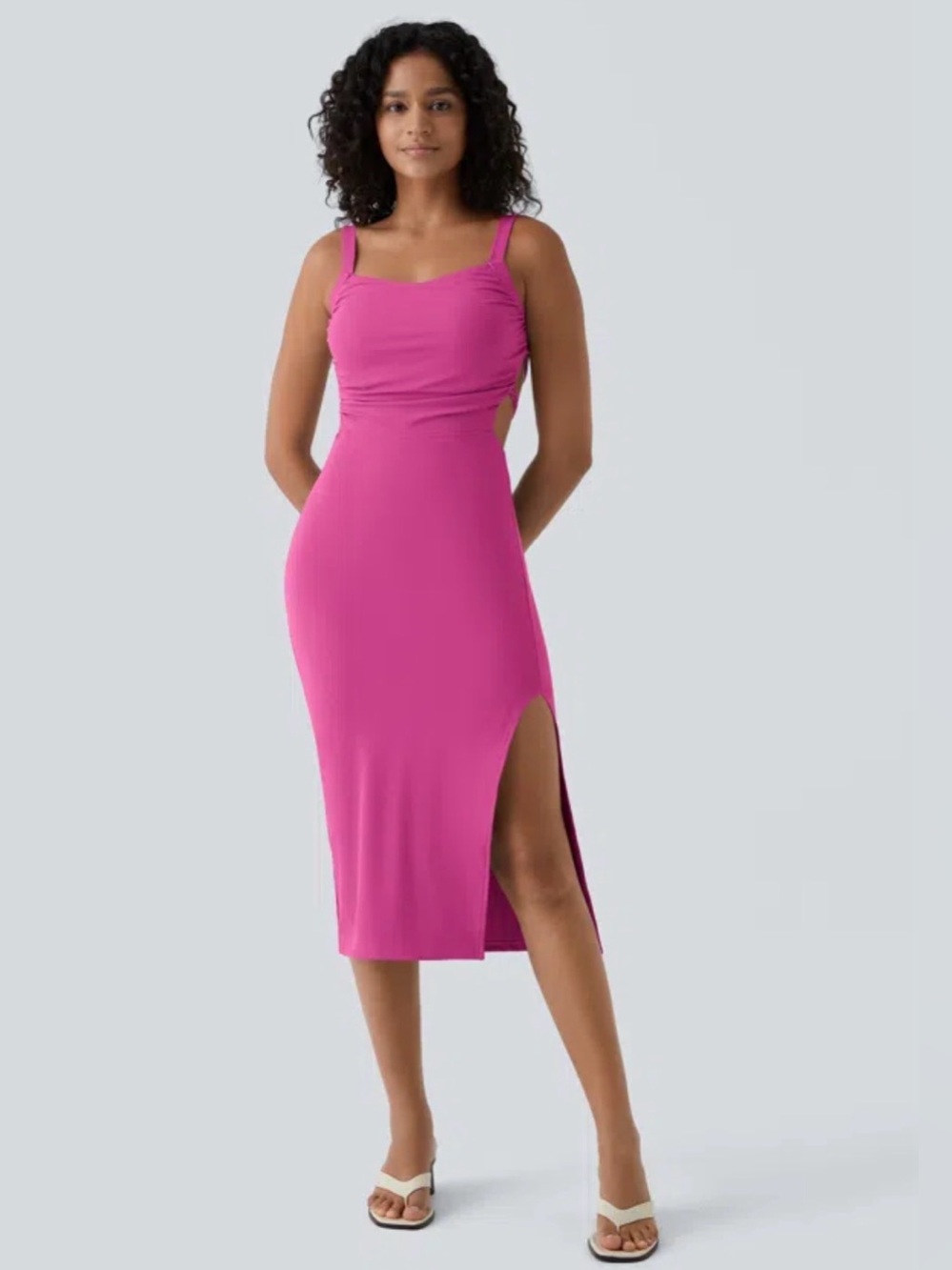Halara Ruched Backless Crisscross Lace Up Split Bodycon Midi Casual Dress